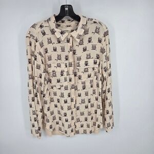 Porridge Clothing Women's XL Owl Print Button Down Long Sleeve Shirt Beige